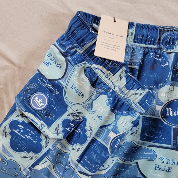 Peter Millar Swim Trunks Mens XL New With Tags All Over Print Blue Beer Lager‎
